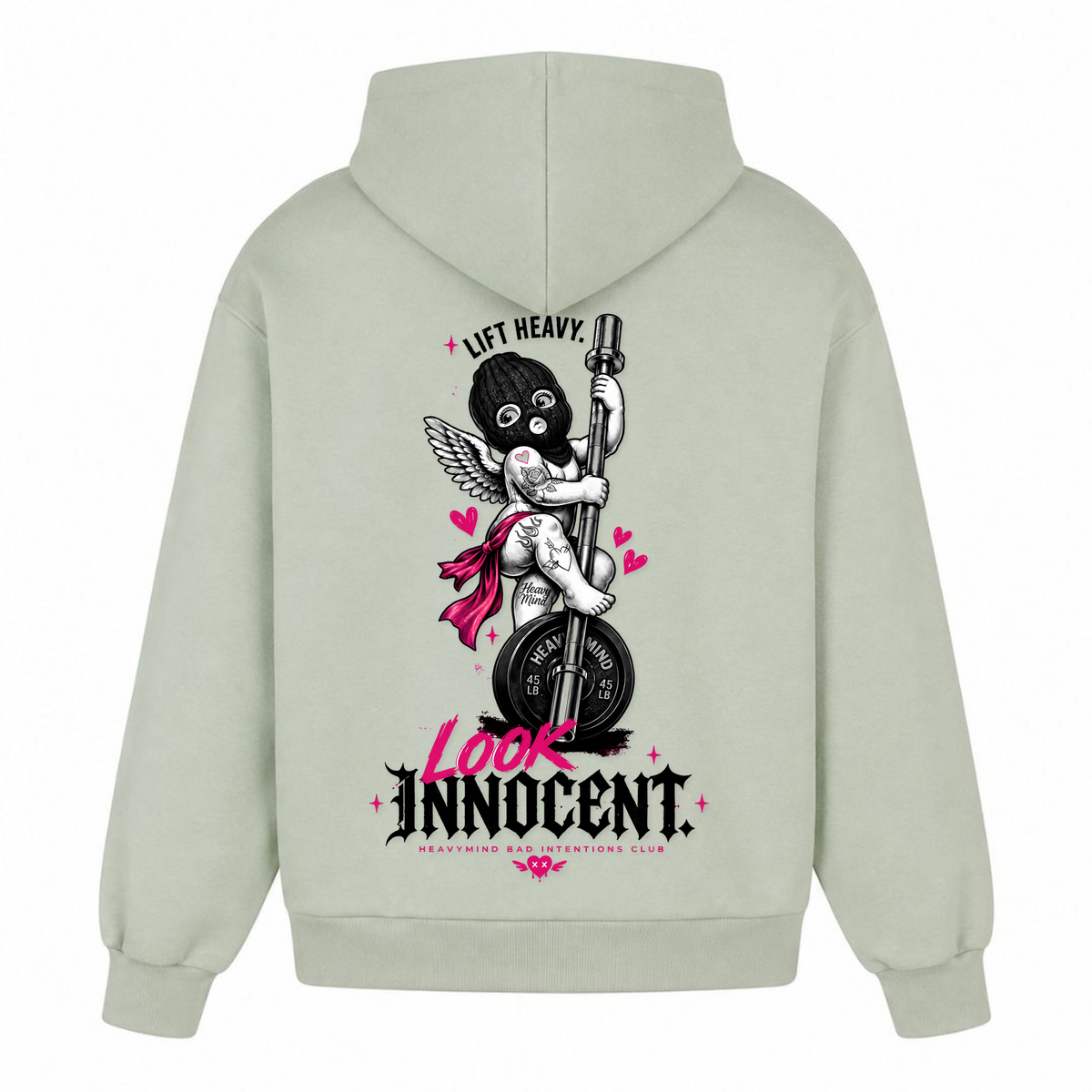 Lift Heavy, Look Innocent – Heavy Oversized Hoodie in Light Asphalt, Rückansicht | Heavy Mind