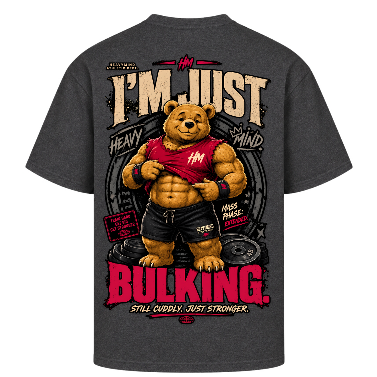 I'm Just Bulking – Oversized Tee in Charcoal (Heather), Rückansicht | Heavy Mind