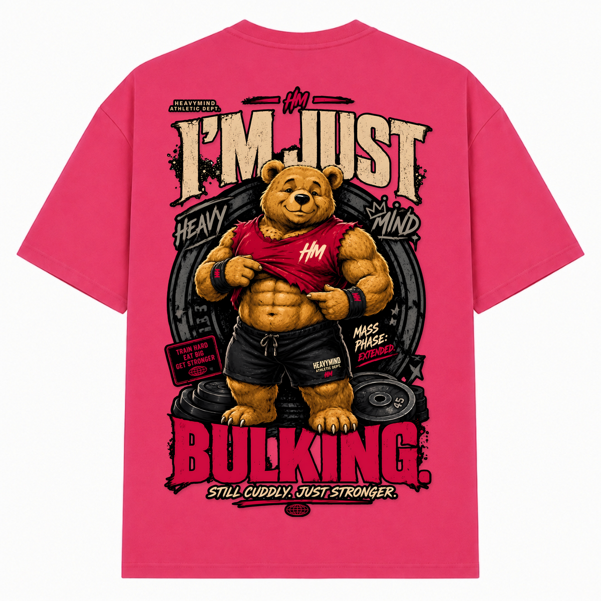 I'm Just Bulking – Oversized Tee in Hibiskus Pink, Rückansicht | Heavy Mind