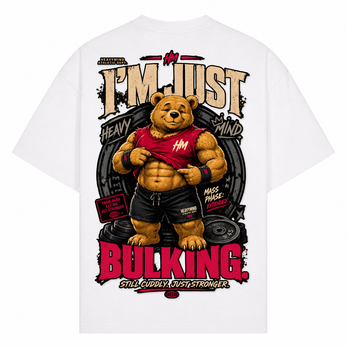 I'm Just Bulking – Oversized Tee in Weiß, Rückansicht | Heavy Mind