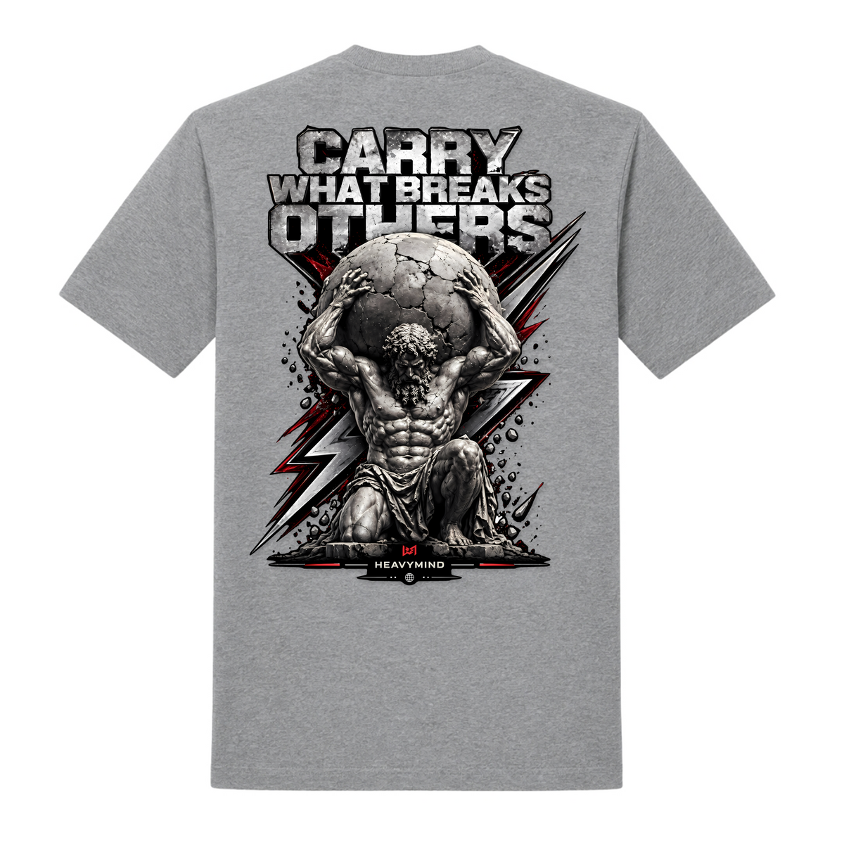 Carry What Breaks Others (Atlas) – Heavy Shirt in Grey Melange, Rückansicht | Heavy Mind
