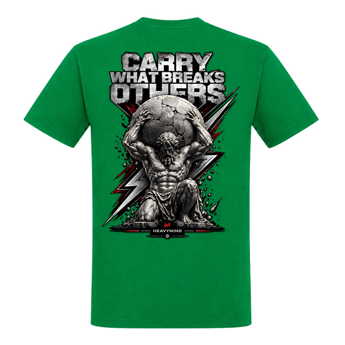 Carry What Breaks Others (Atlas) – Heavy Shirt in Kelly Green, Rückansicht | Heavy Mind