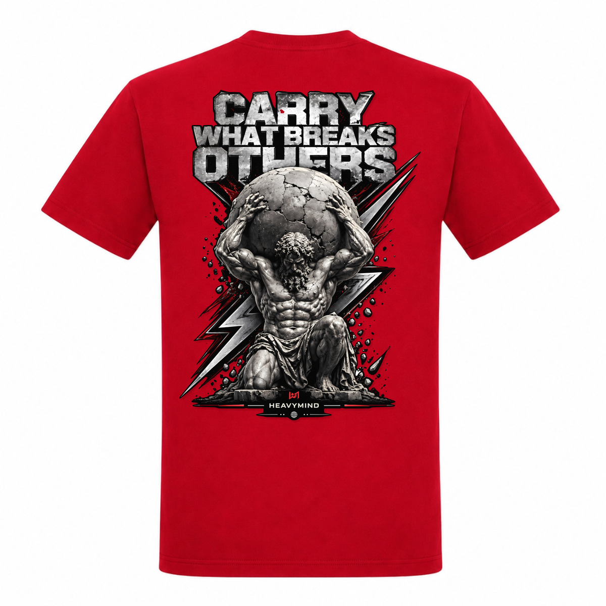 Carry What Breaks Others (Atlas) – Heavy Shirt in Rot, Rückansicht | Heavy Mind