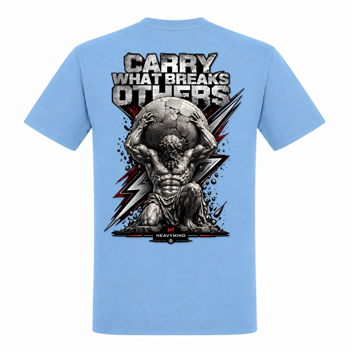 Carry What Breaks Others (Atlas) – Heavy Shirt in Sky Blue, Rückansicht | Heavy Mind