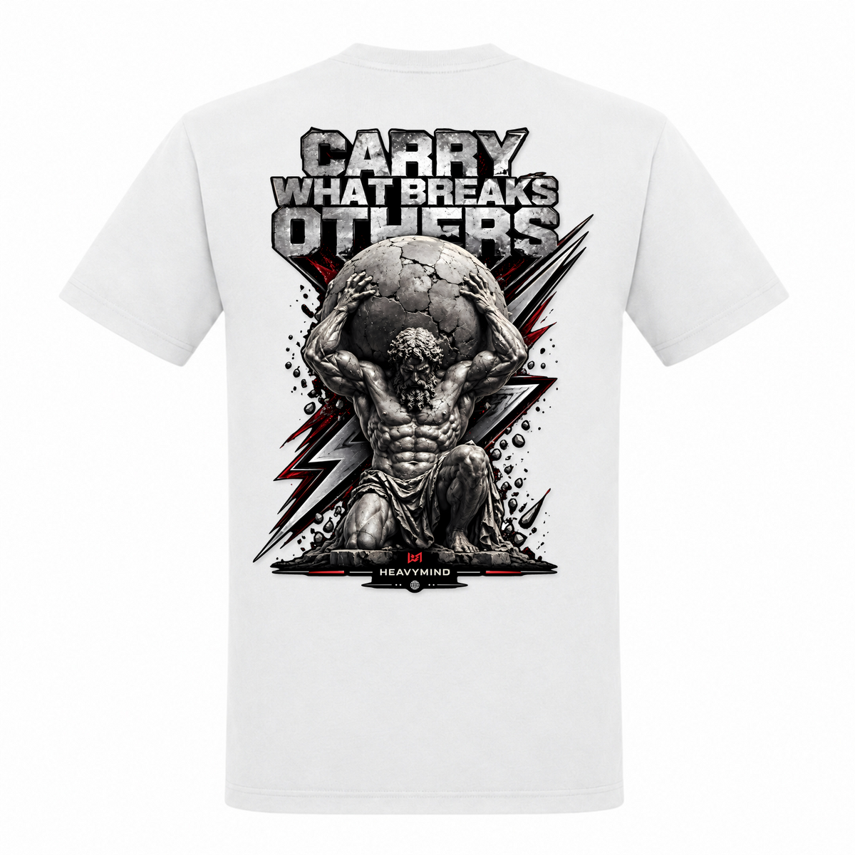 Carry What Breaks Others (Atlas) – Heavy Shirt in Weiß, Rückansicht | Heavy Mind