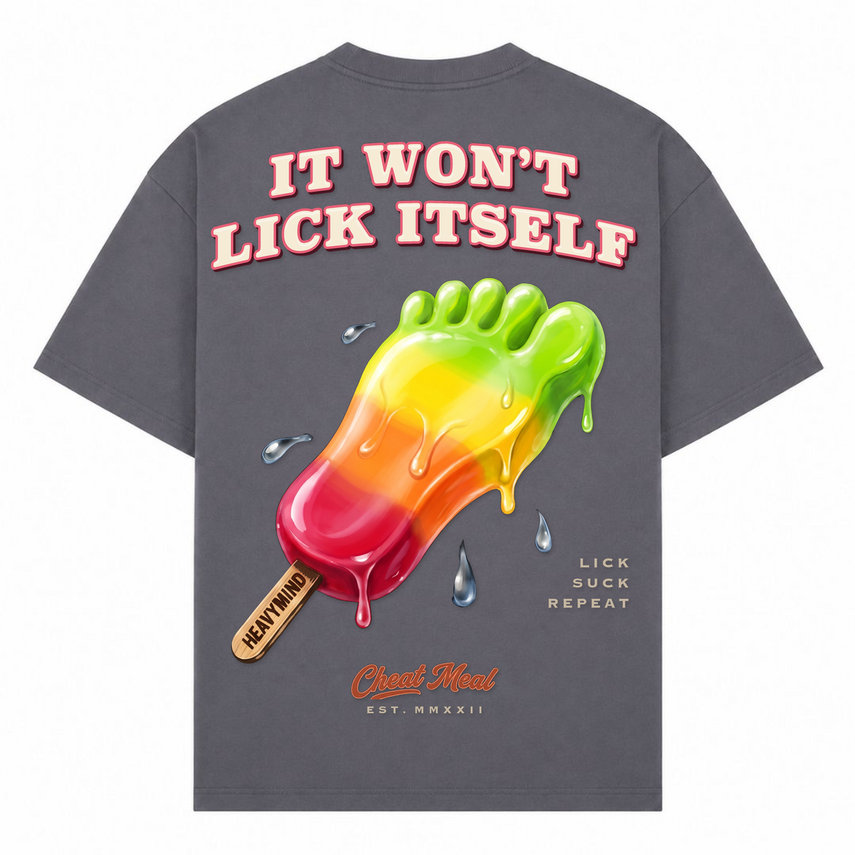 It Won't Lick Itself – Oversized Tee in Dark Grey, Rückansicht | Heavy Mind