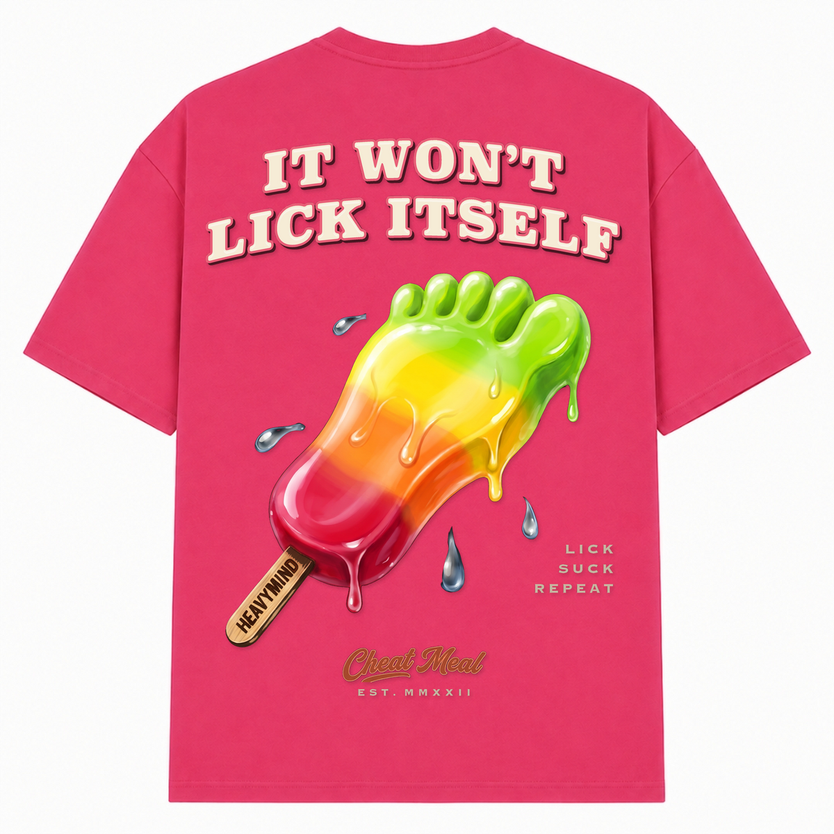 It Won't Lick Itself – Oversized Tee in Hibiskus Pink, Rückansicht | Heavy Mind