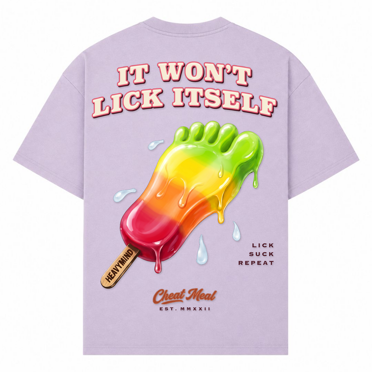 It Won't Lick Itself – Oversized Tee in Lilac, Rückansicht | Heavy Mind