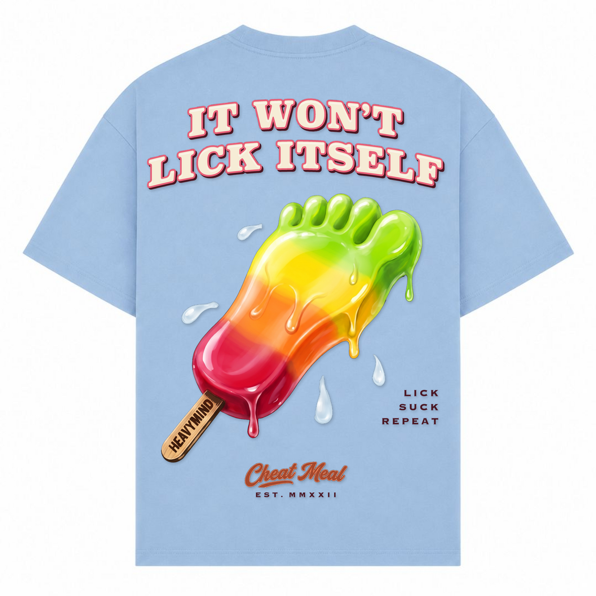 It Won't Lick Itself – Oversized Tee in Powder Blue, Rückansicht | Heavy Mind