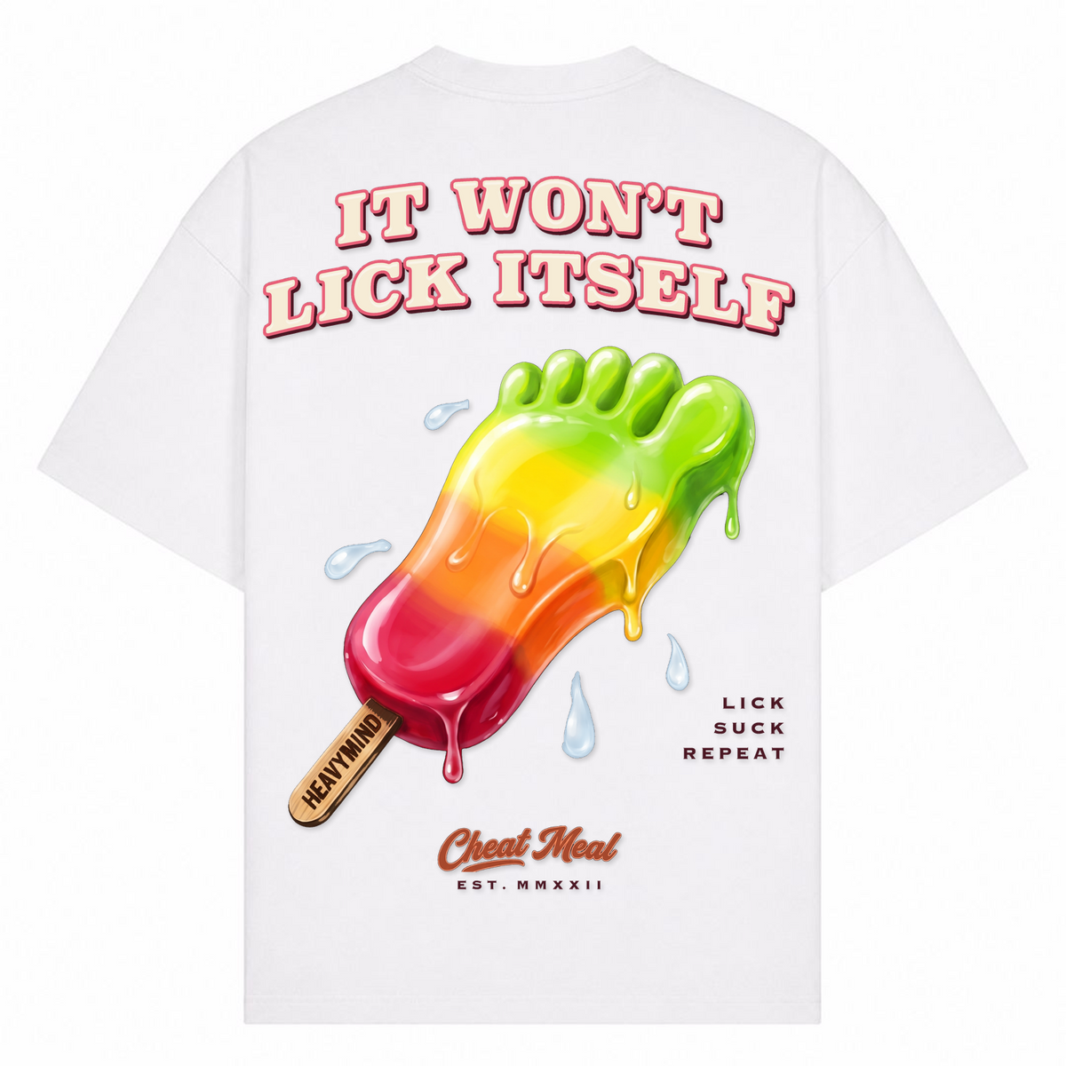 It Won't Lick Itself – Oversized Tee in Weiß, Rückansicht | Heavy Mind