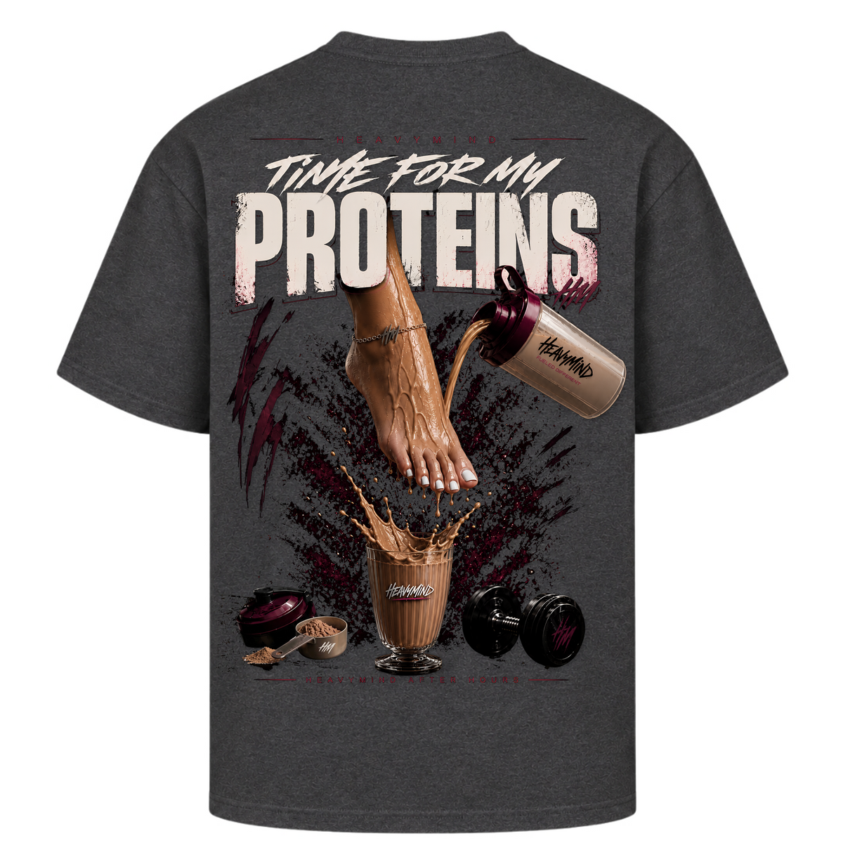 Time for My Proteins – Oversized Tee in Charcoal (Heather), Rückansicht | Heavy Mind