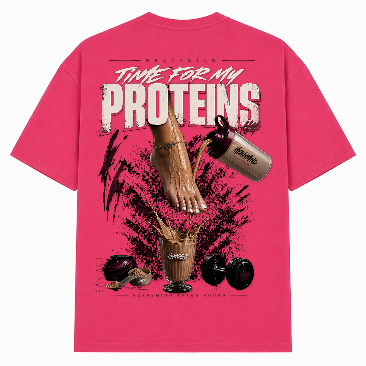 Time for My Proteins – Oversized Tee in Hibiskus Pink, Rückansicht | Heavy Mind