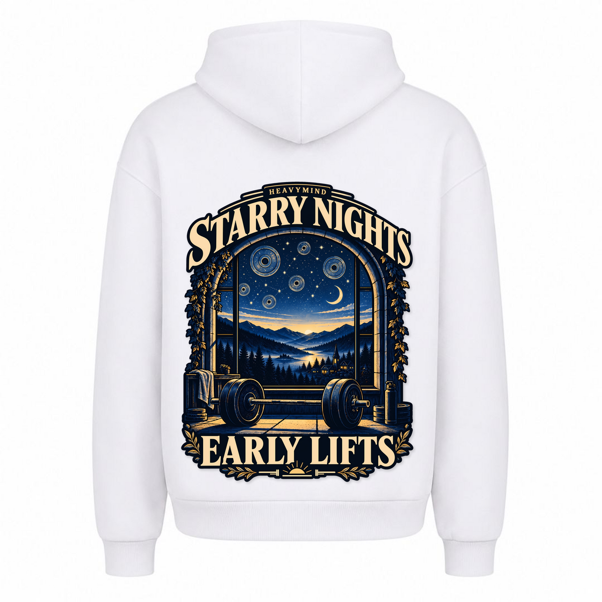 Starry Nights, Early Lifts – Heavy Oversized Hoodie in Weiß, Rückansicht | Heavy Mind
