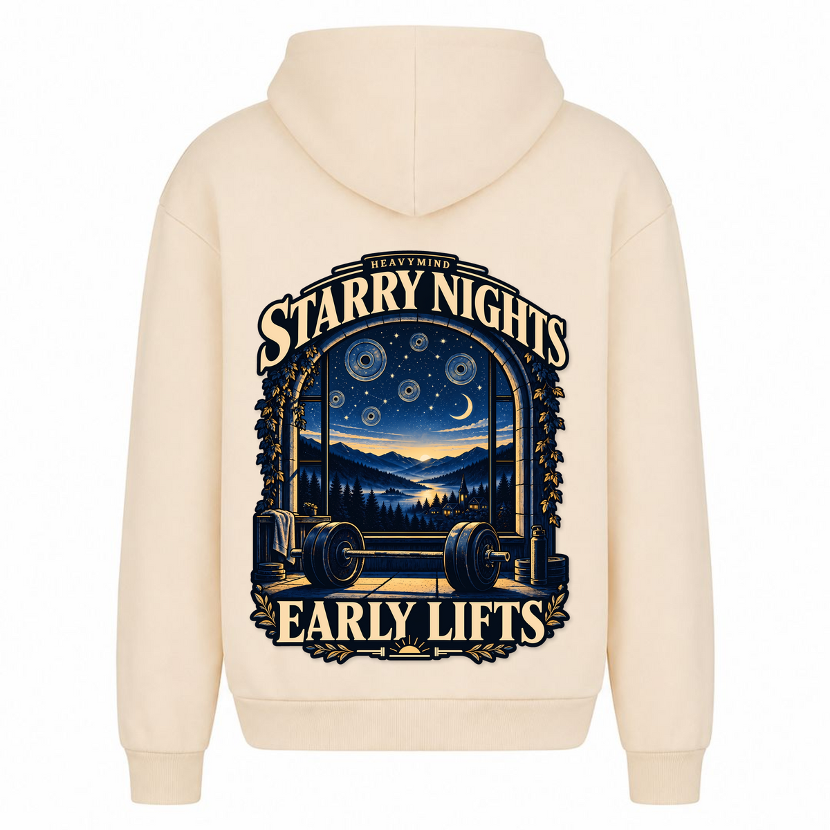 Starry Nights, Early Lifts – Heavy Oversized Hoodie in White Sand, Rückansicht | Heavy Mind
