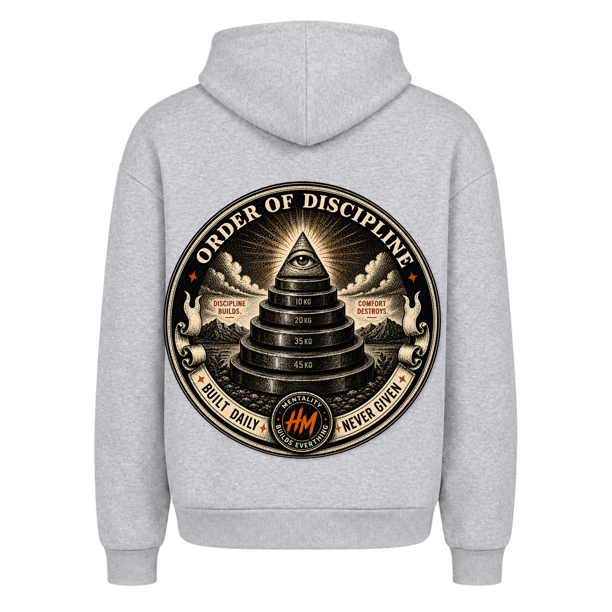 Order of Discipline – Heavy Oversized Hoodie in Heather Grey, Rückansicht | Heavy Mind
