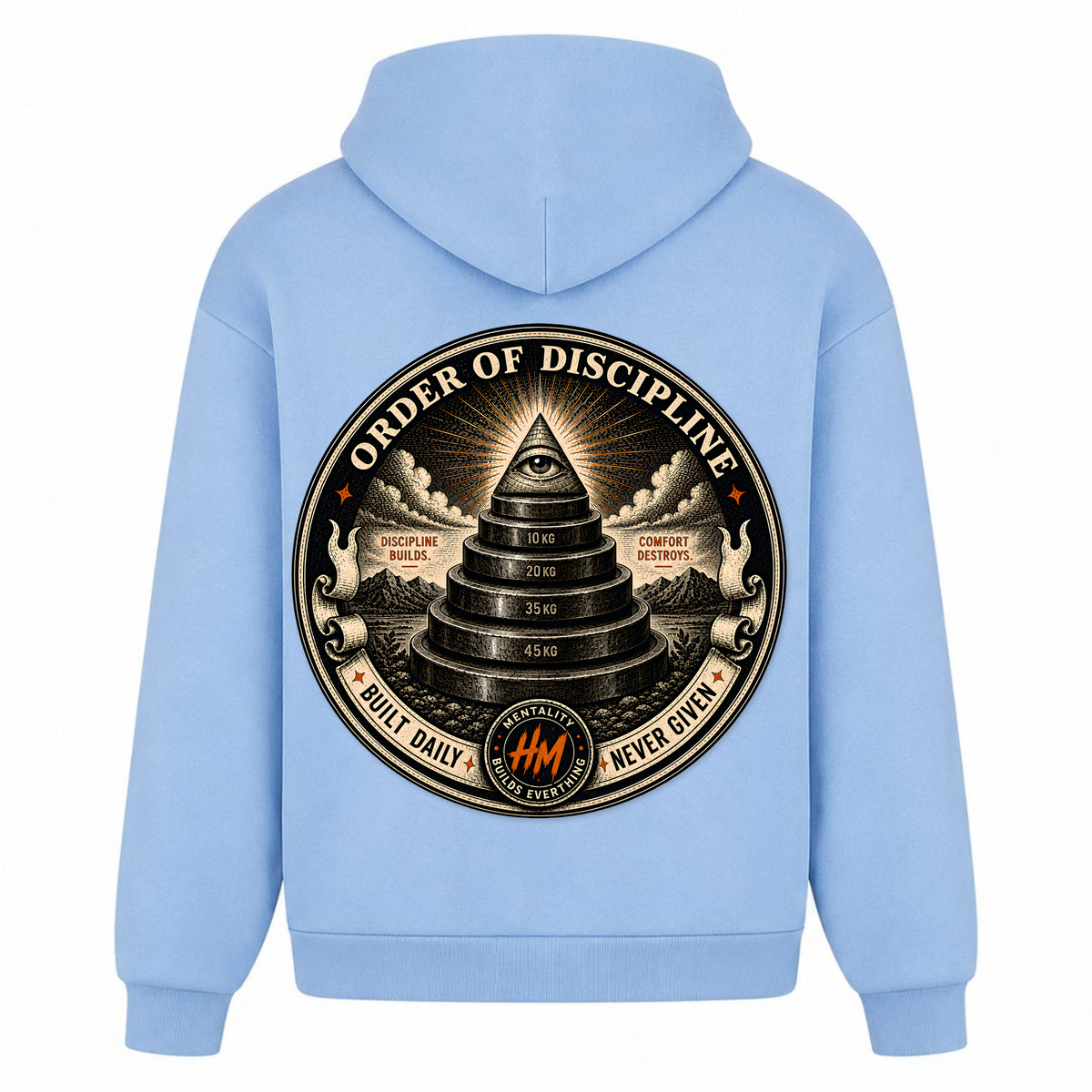 Order of Discipline – Heavy Oversized Hoodie in Powder Blue, Rückansicht | Heavy Mind