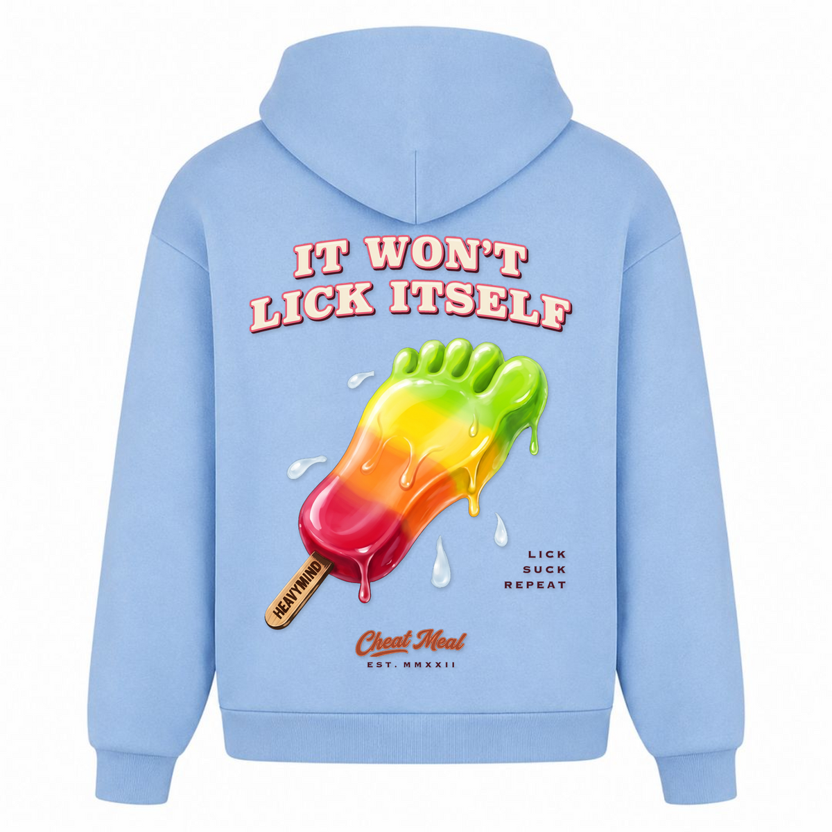 It Won't Lick Itself – Heavy Oversized Hoodie in Powder Blue, Rückansicht | Heavy Mind