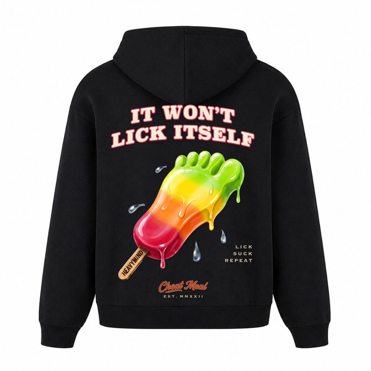 It Won't Lick Itself – Heavy Oversized Hoodie in Schwarz, Rückansicht | Heavy Mind