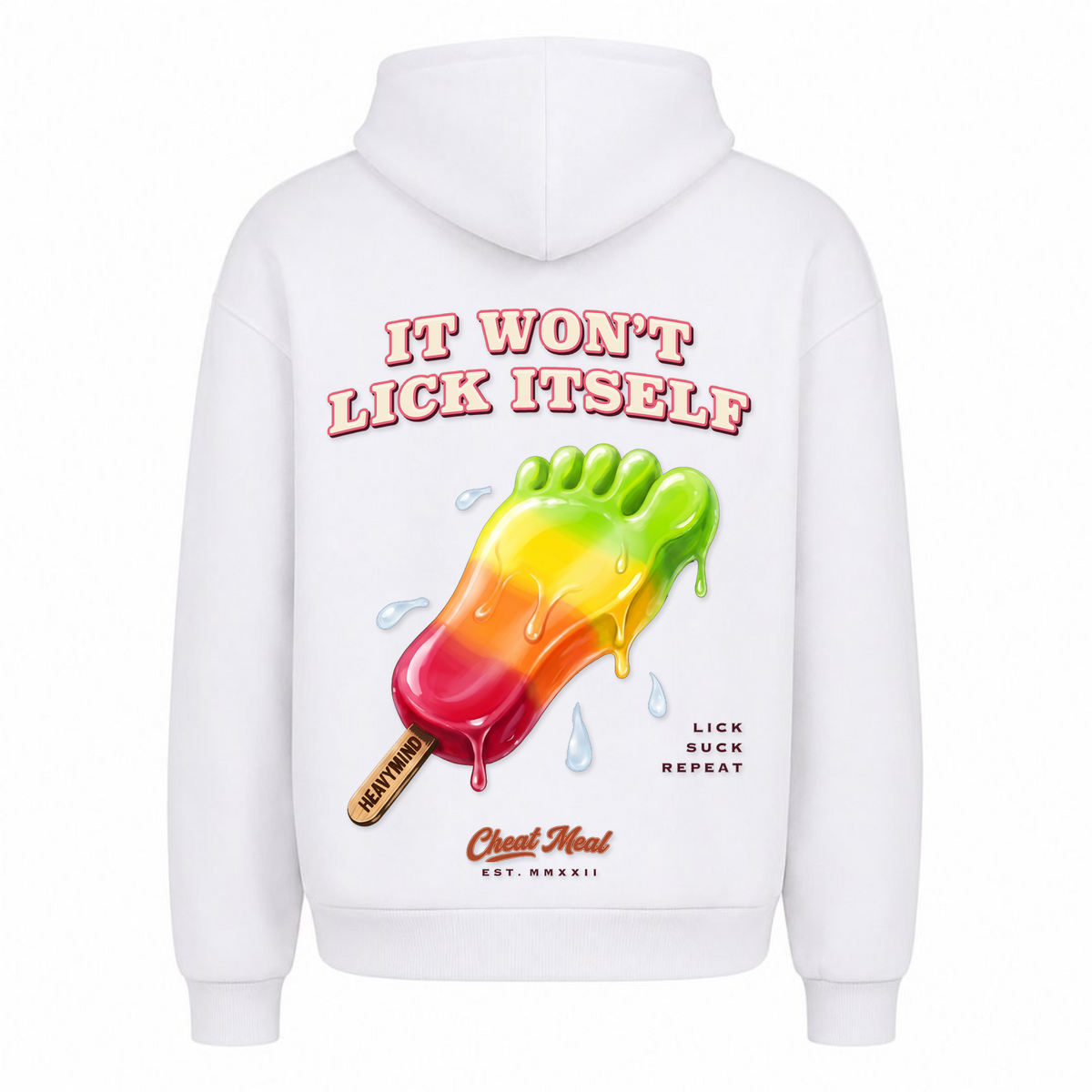 It Won't Lick Itself – Heavy Oversized Hoodie in Weiß, Rückansicht | Heavy Mind