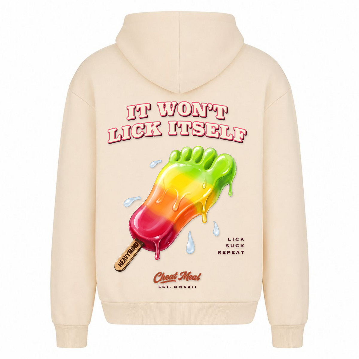 It Won't Lick Itself – Heavy Oversized Hoodie in White Sand, Rückansicht | Heavy Mind