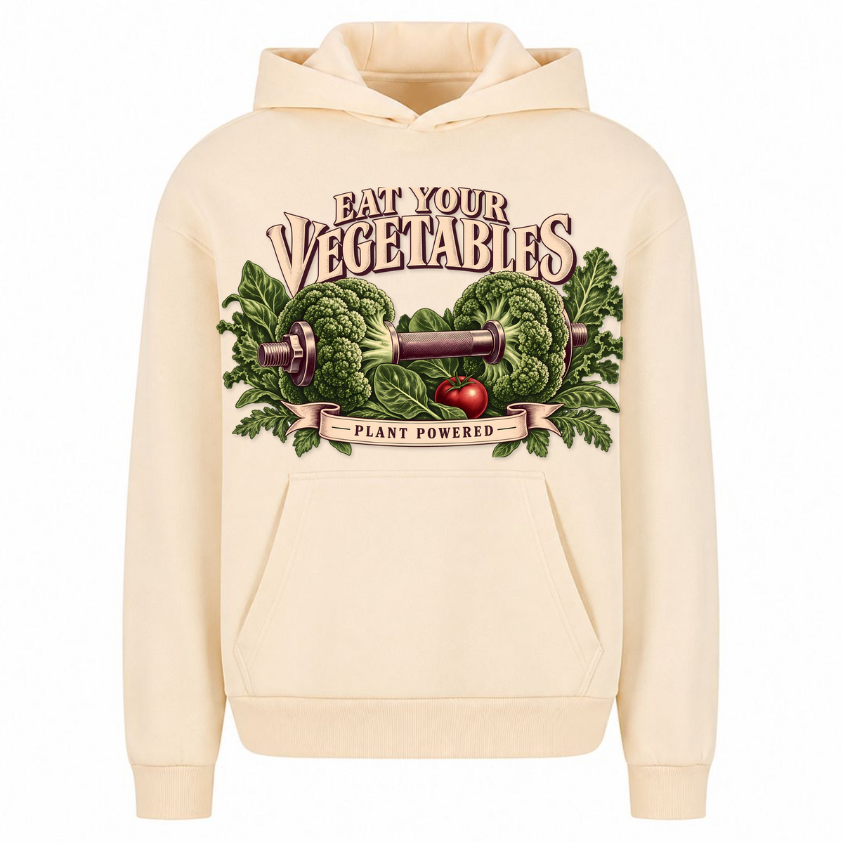 Eat Your Vegetables – Heavy Oversized Hoodie in White Sand, Vorderansicht | Heavy Mind
