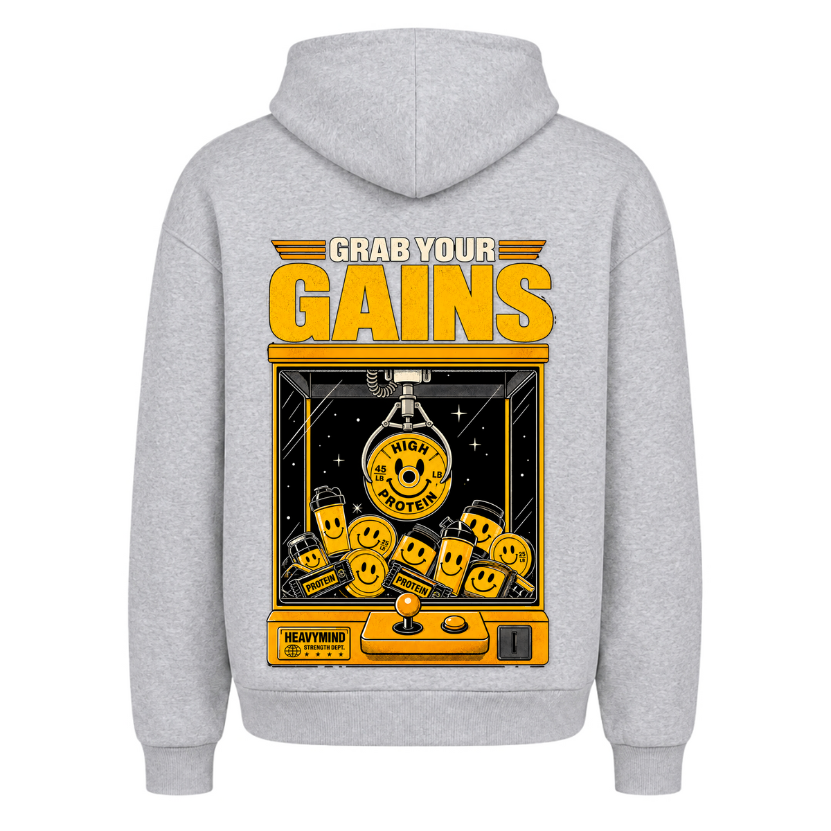 Grab Your Gains – Heavy Oversized Hoodie in Heather Grey, Rückansicht | Heavy Mind