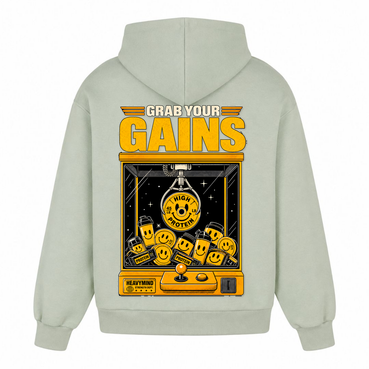Grab Your Gains – Heavy Oversized Hoodie in Light Asphalt, Rückansicht | Heavy Mind