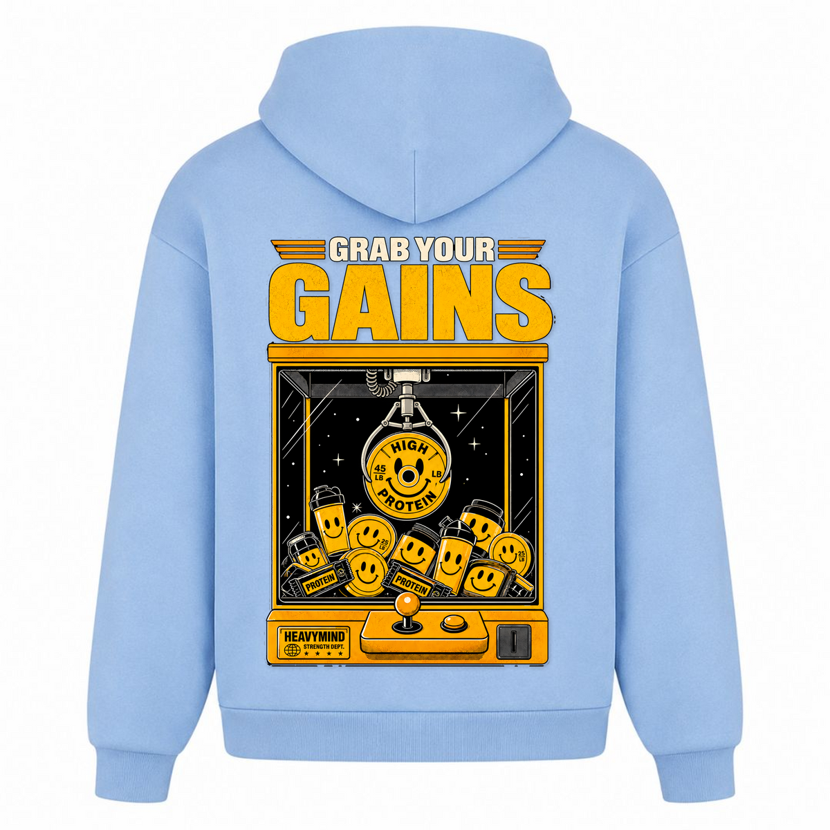 Grab Your Gains – Heavy Oversized Hoodie in Powder Blue, Rückansicht | Heavy Mind