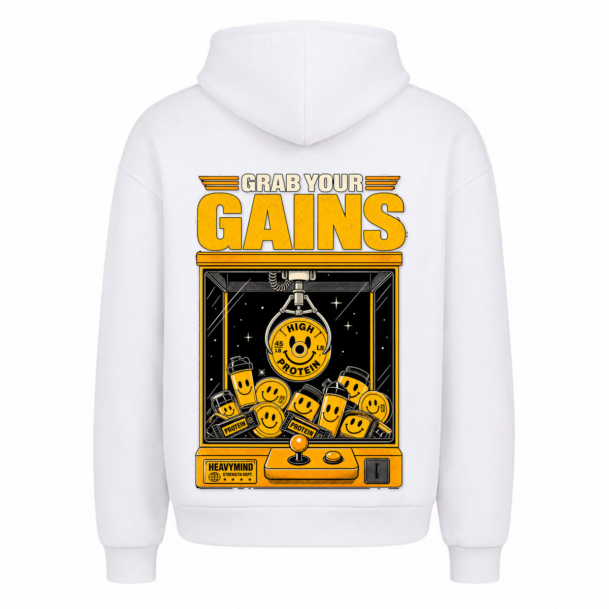Grab Your Gains – Heavy Oversized Hoodie in Weiß, Rückansicht | Heavy Mind