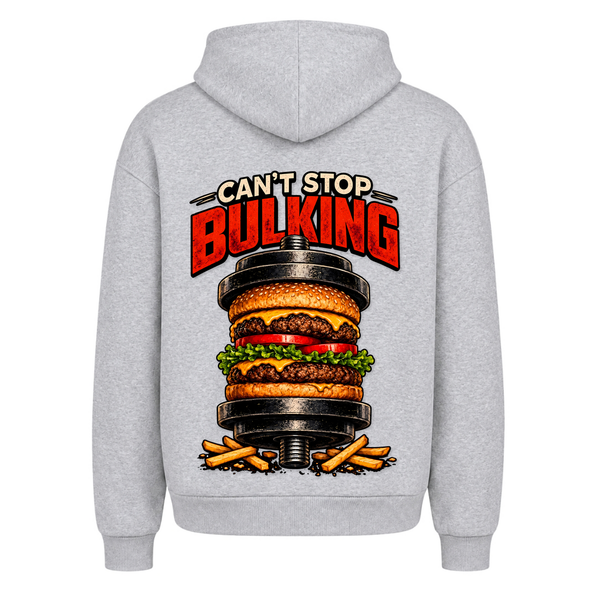 Can't Stop Bulking – Heavy Oversized Hoodie in Heather Grey, Rückansicht | Heavy Mind