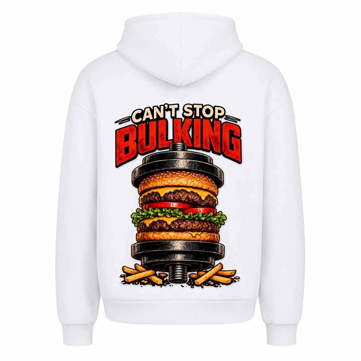 Can't Stop Bulking – Heavy Oversized Hoodie in Weiß, Rückansicht | Heavy Mind