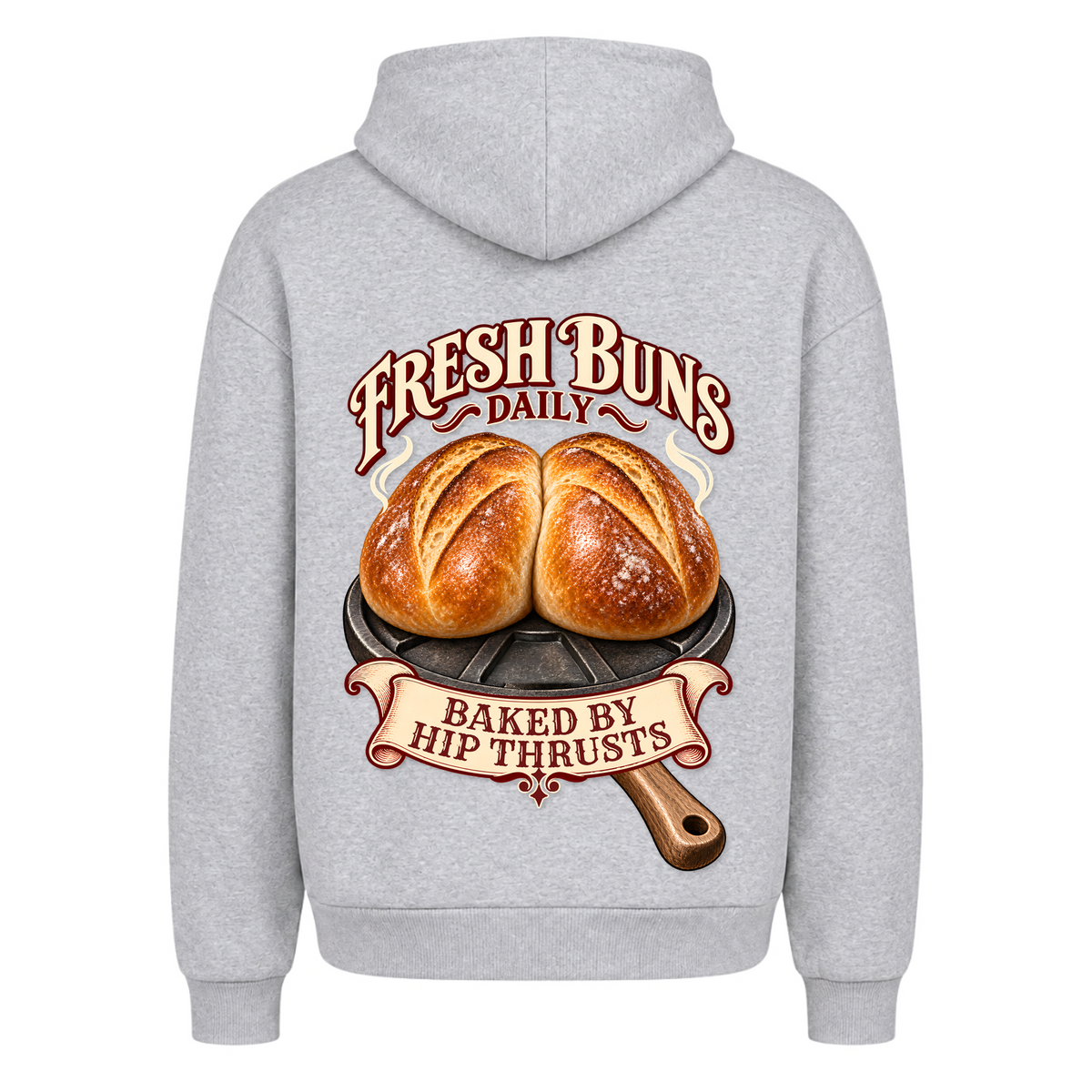 Fresh Buns Daily – Heavy Oversized Hoodie in Heather Grey, Rückansicht | Heavy Mind