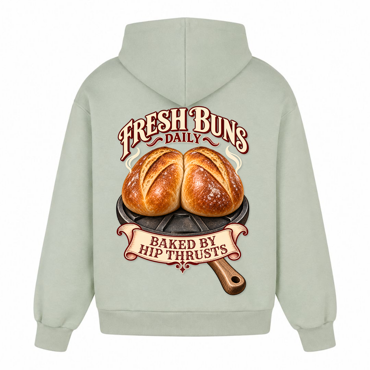 Fresh Buns Daily – Heavy Oversized Hoodie in Light Asphalt, Rückansicht | Heavy Mind