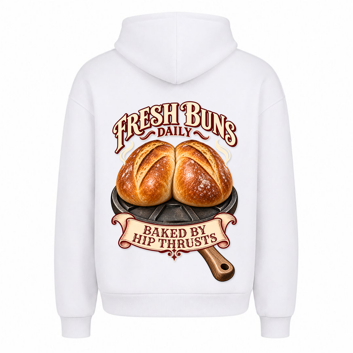 Fresh Buns Daily – Heavy Oversized Hoodie in Weiß, Rückansicht | Heavy Mind