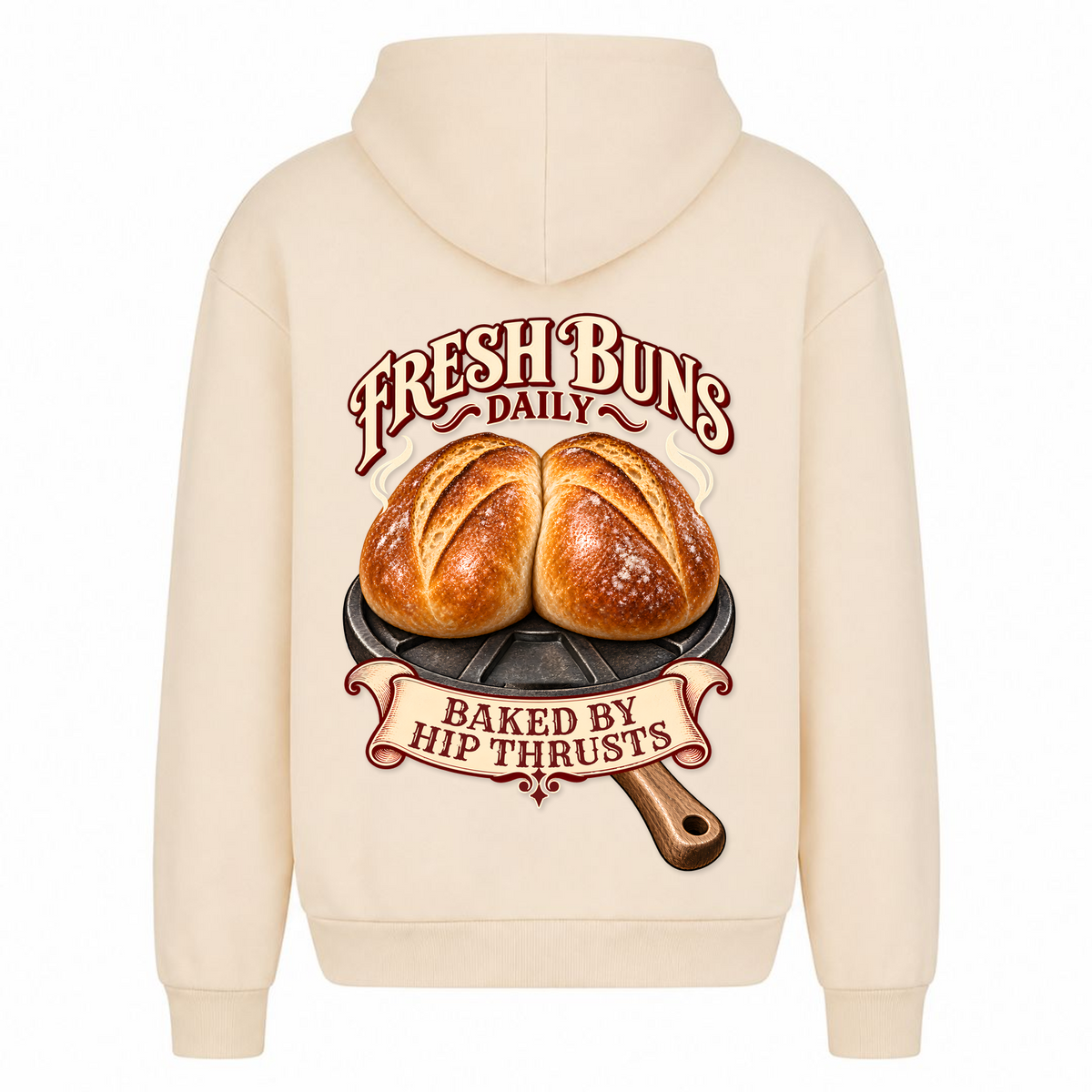 Fresh Buns Daily – Heavy Oversized Hoodie in White Sand, Rückansicht | Heavy Mind