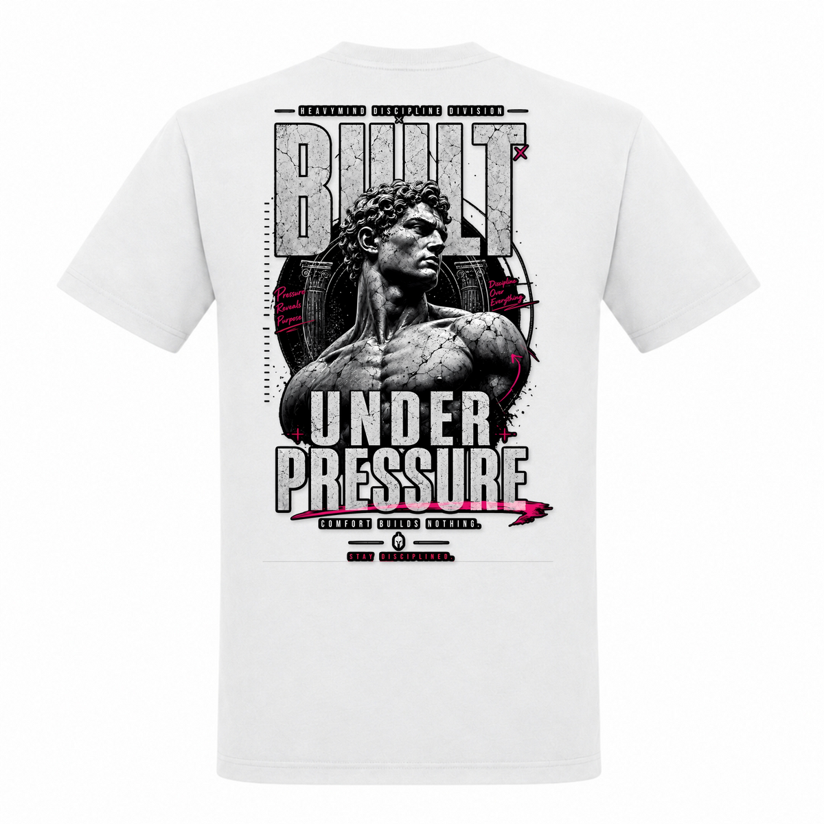 Built Under Pressure (David) – Heavy Shirt in Weiß, Rückansicht | Heavy Mind