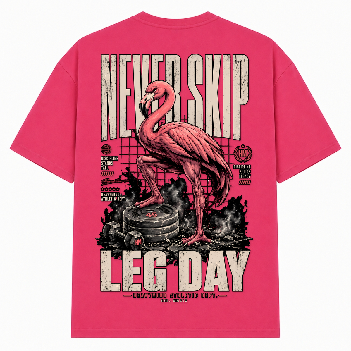 Never Skip Leg Day – Oversized Tee in Hibiskus Pink, Rückansicht | Heavy Mind