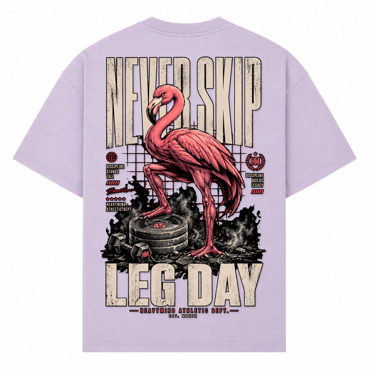Never Skip Leg Day – Oversized Tee in Lilac, Rückansicht | Heavy Mind