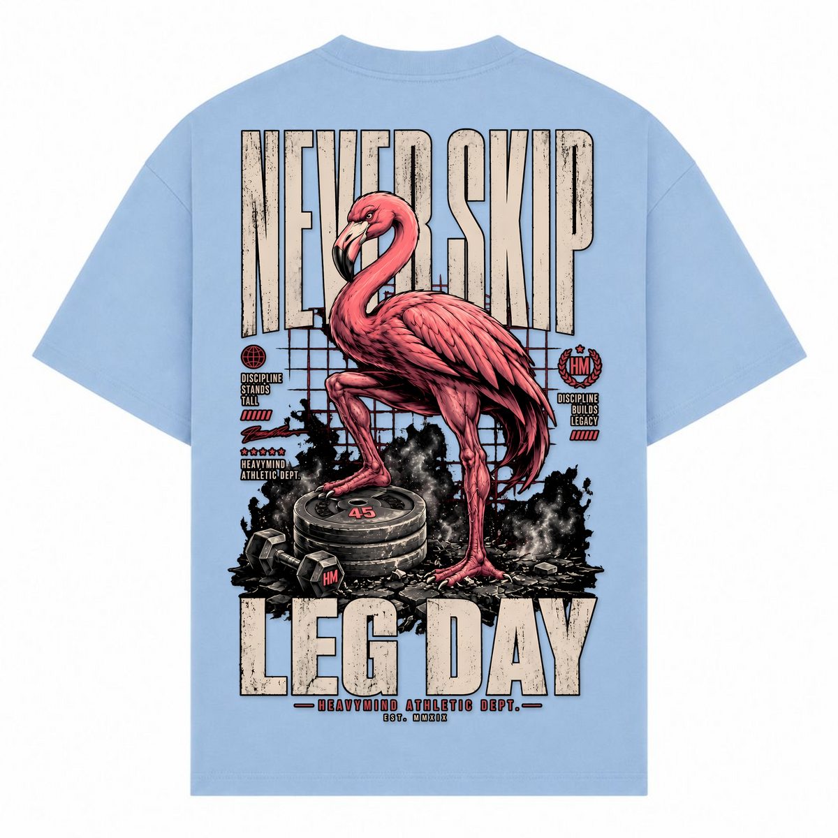 Never Skip Leg Day – Oversized Tee in Powder Blue, Rückansicht | Heavy Mind