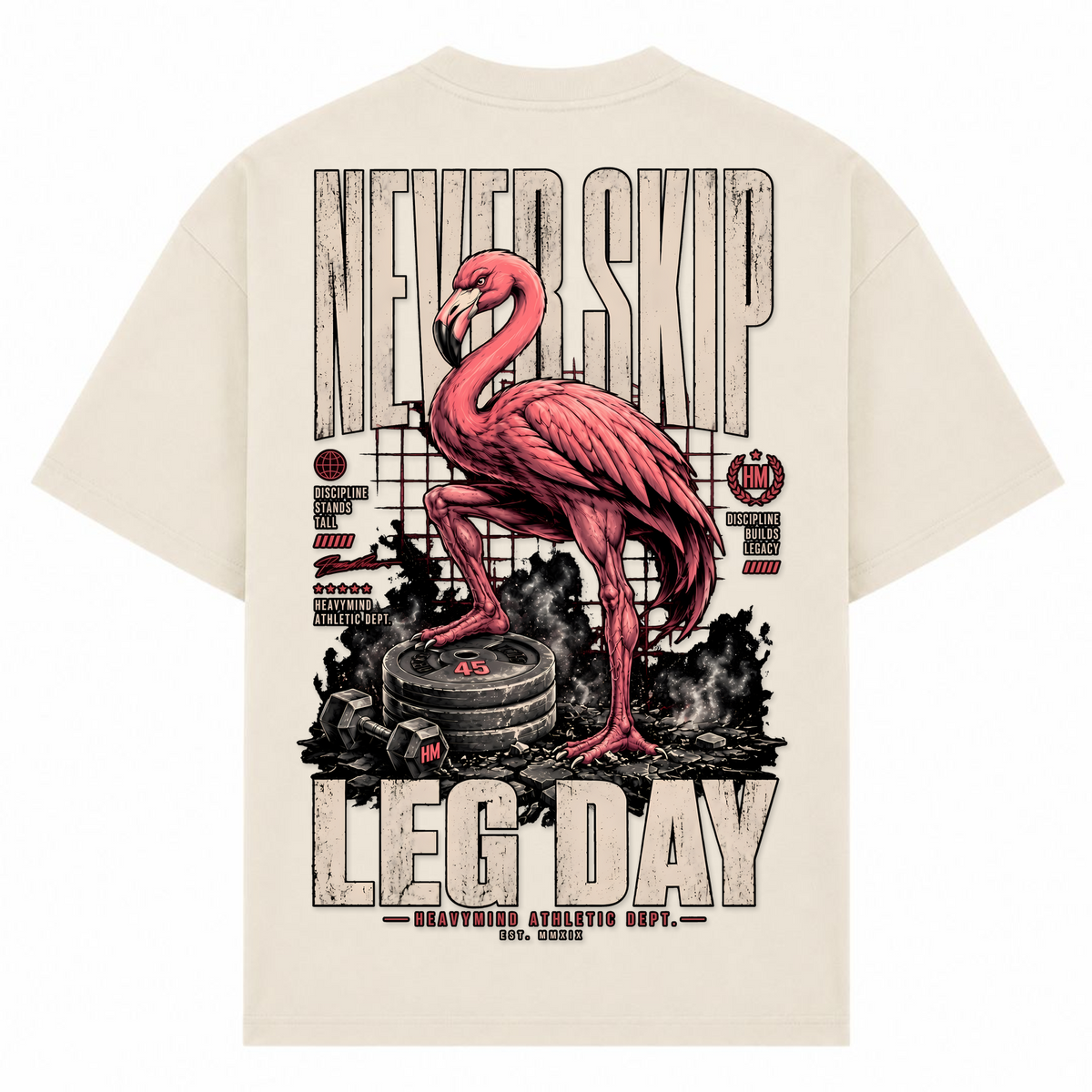 Never Skip Leg Day – Oversized Tee in Sand, Rückansicht | Heavy Mind