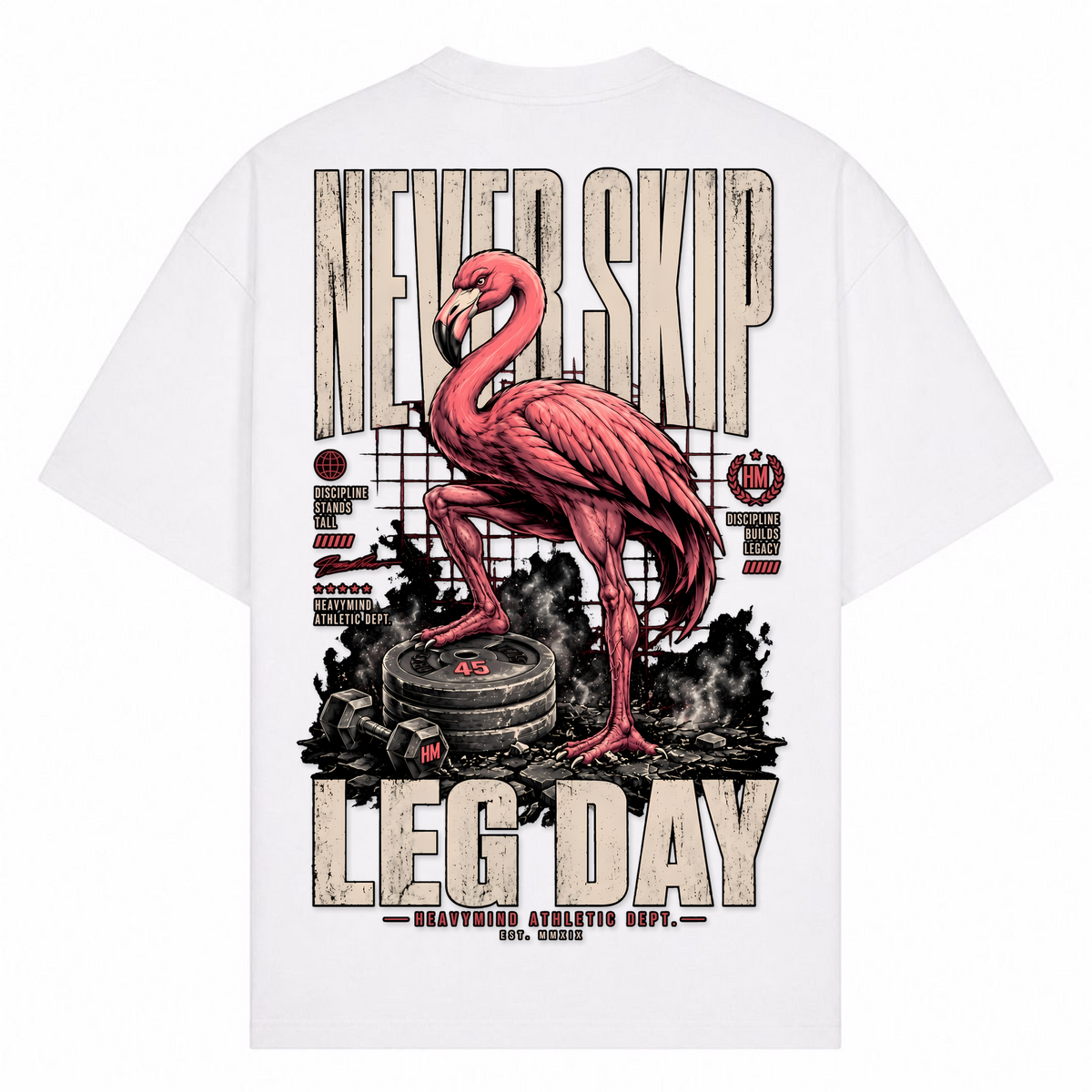 Never Skip Leg Day – Oversized Tee in Weiß, Rückansicht | Heavy Mind