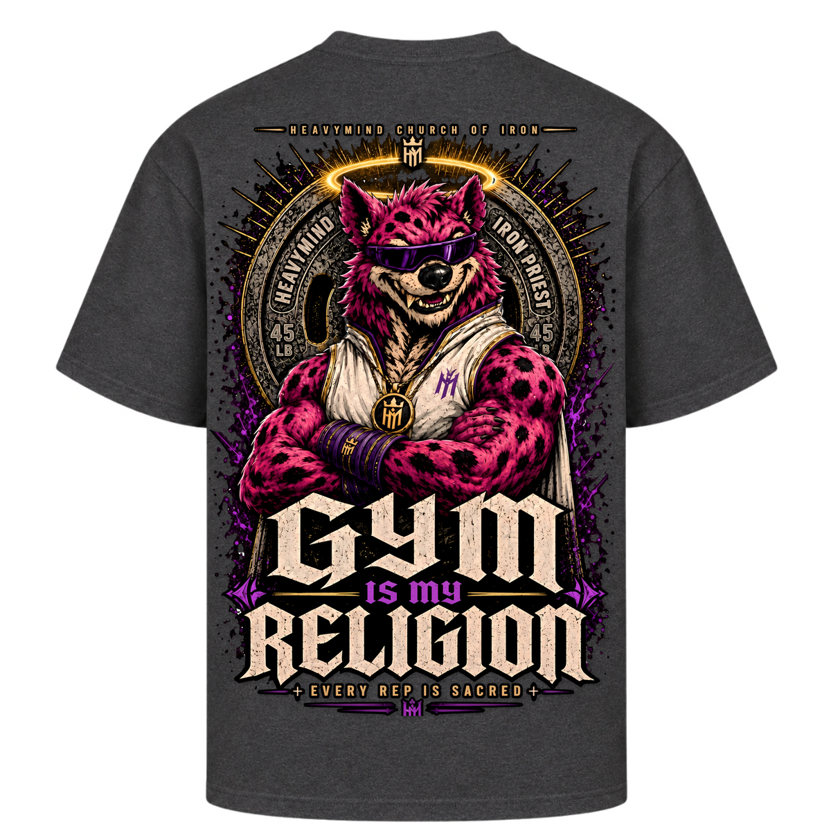 Gym Is My Religion – Oversized Tee in Charcoal (Heather), Rückansicht | Heavy Mind