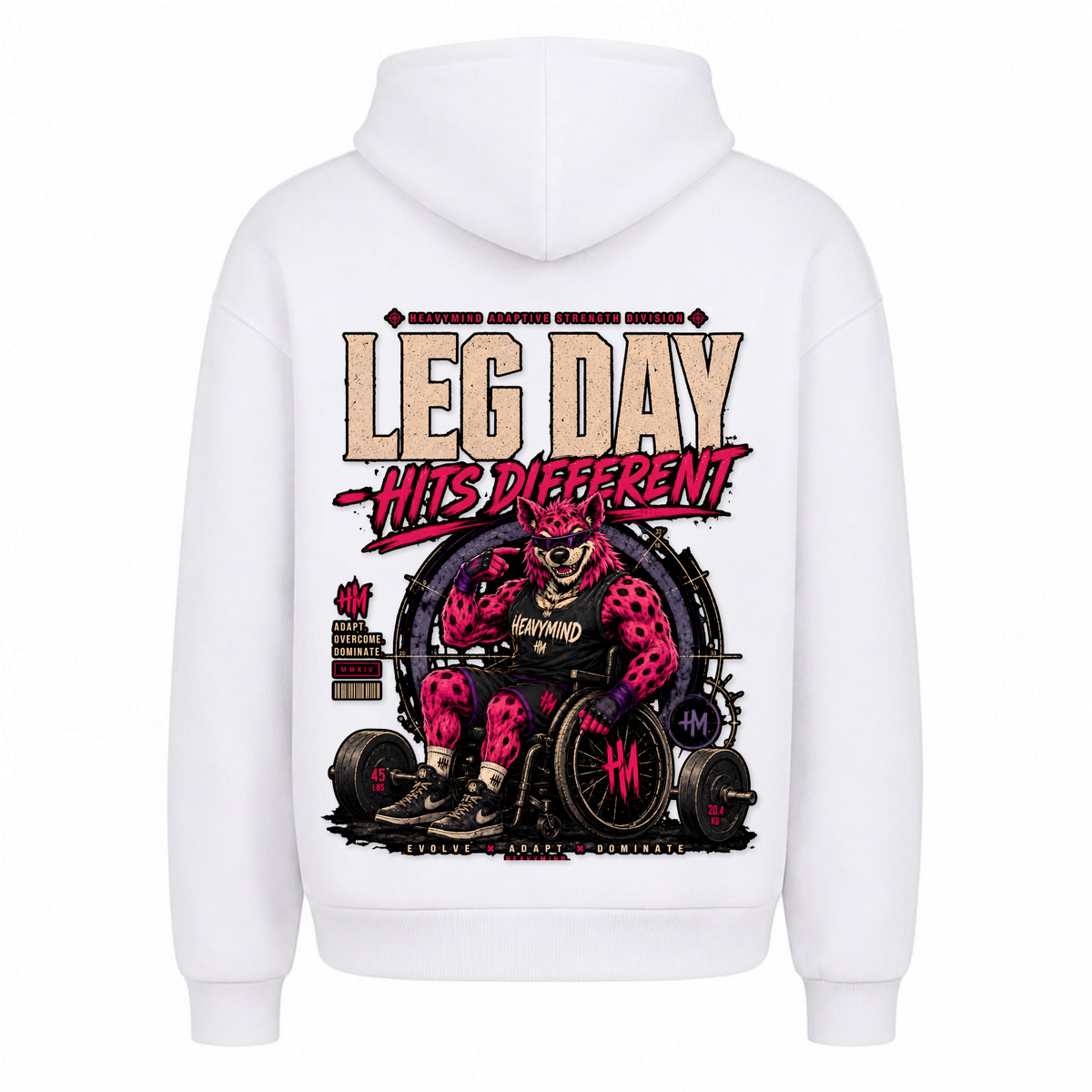Leg Day Hits Different – Heavy Oversized Hoodie in Weiß, Rückansicht | Heavy Mind