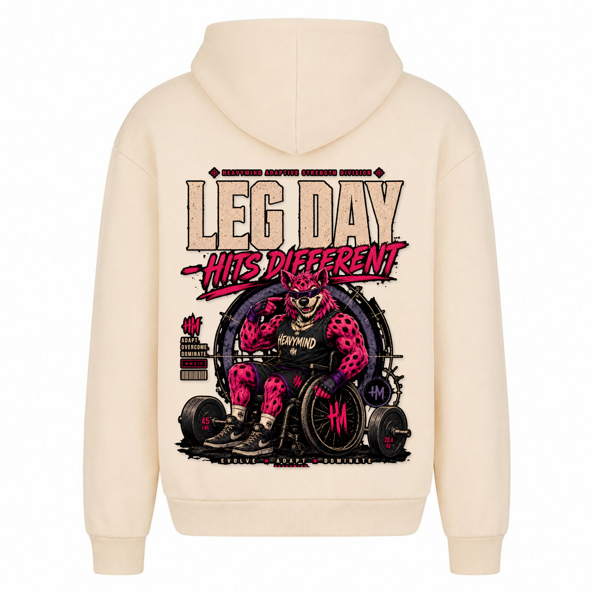 Leg Day Hits Different – Heavy Oversized Hoodie in White Sand, Rückansicht | Heavy Mind