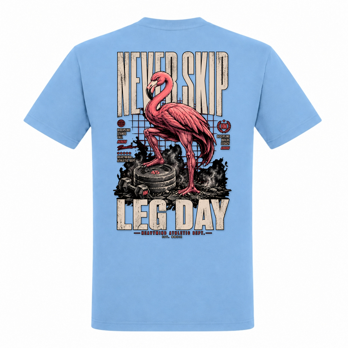 Never Skip Leg Day – Heavy Shirt in Sky Blue, Rückansicht | Heavy Mind