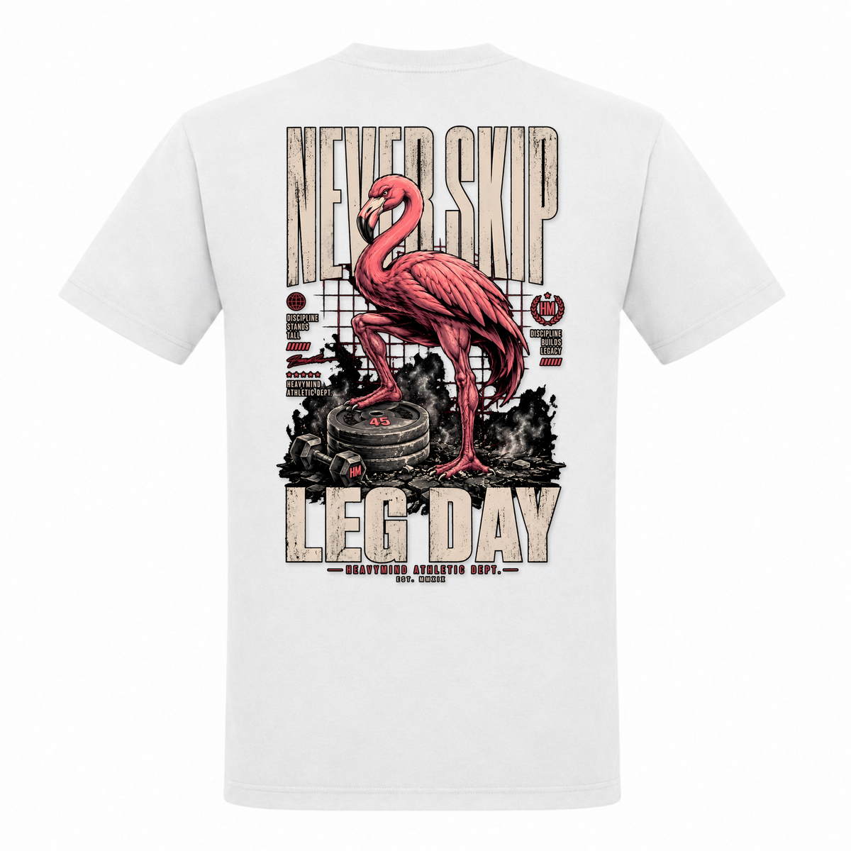 Never Skip Leg Day – Heavy Shirt in Weiß, Rückansicht | Heavy Mind