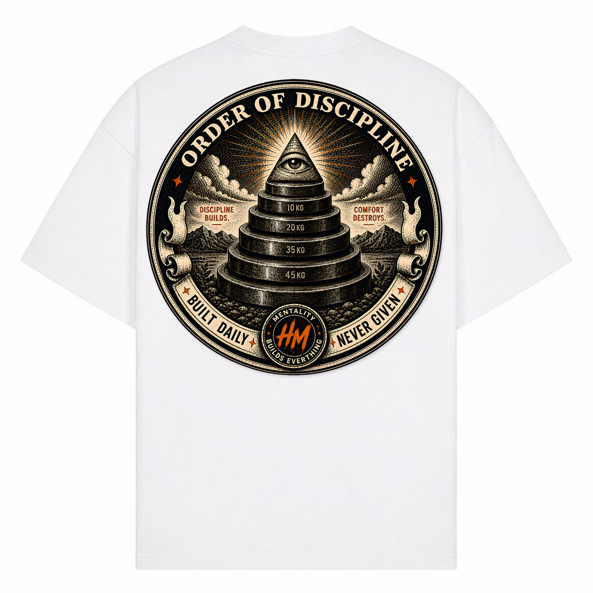 Order of Discipline – Oversized Tee in Weiß, Rückansicht | Heavy Mind