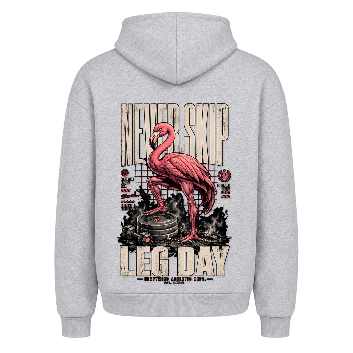Never Skip Leg Day – Heavy Oversized Hoodie in Heather Grey, Rückansicht | Heavy Mind
