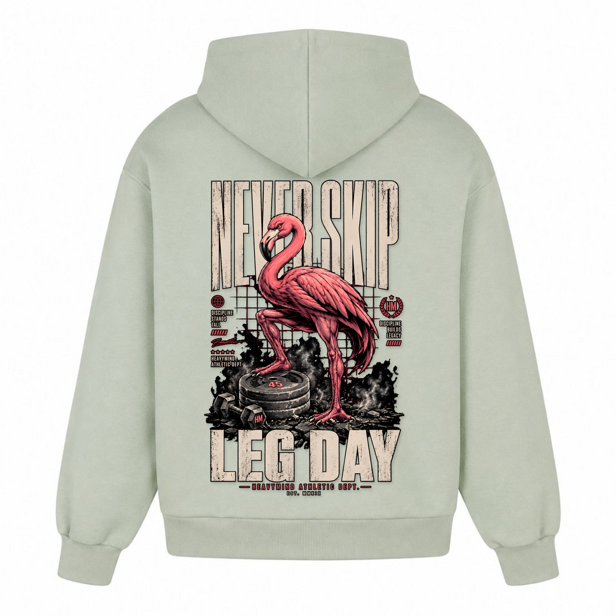 Never Skip Leg Day – Heavy Oversized Hoodie in Light Asphalt, Rückansicht | Heavy Mind