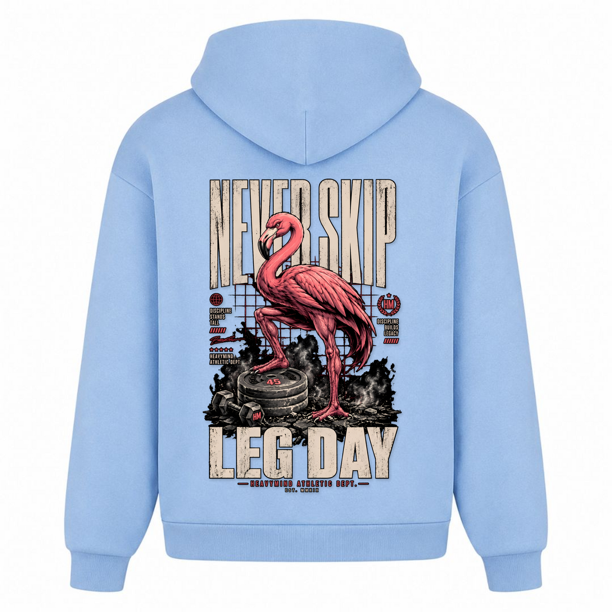 Never Skip Leg Day – Heavy Oversized Hoodie in Powder Blue, Rückansicht | Heavy Mind